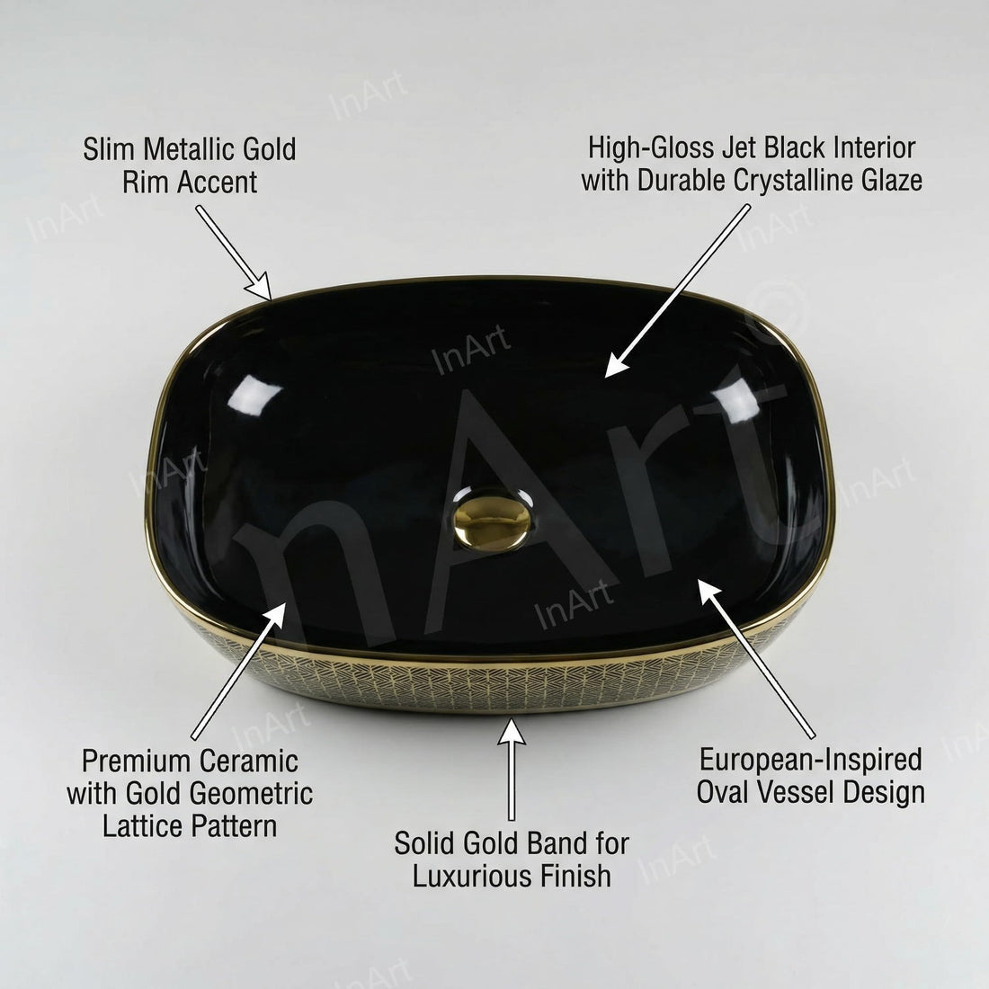 InArt ceramic table top wash basin, oval glossy black gold finish, main front view for bathroom counter