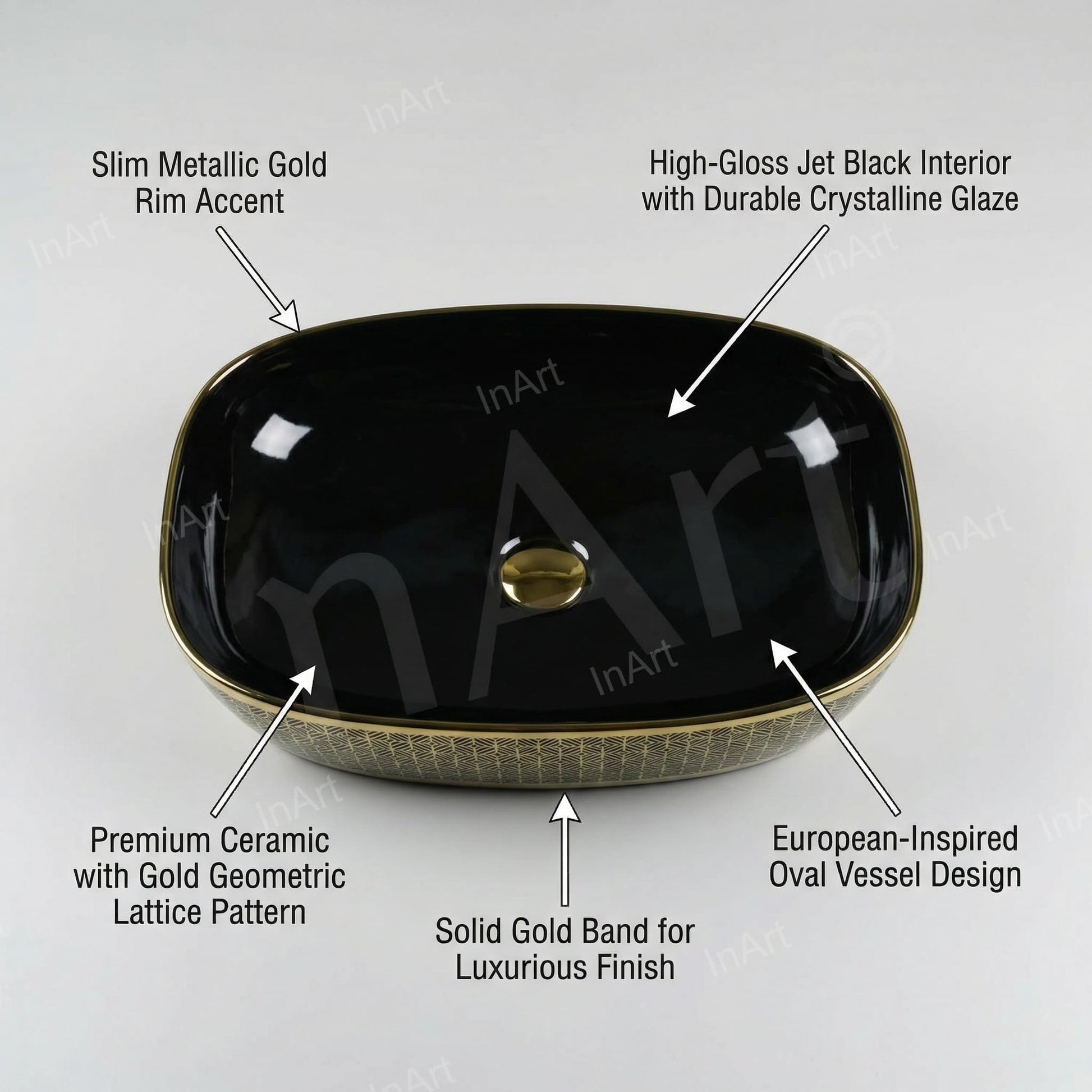 Designer table top basin design in glossy black gold ceramic, oval wash basin angled side view