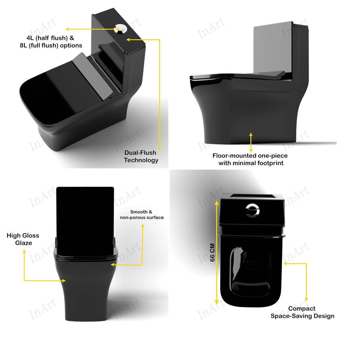 InArt single piece commode in glossy white ceramic, elongated one piece water closet with black soft close seat