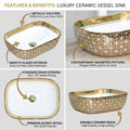 Luxury wash basin in gold colour, ceramic rectangular table top wash basin side angle