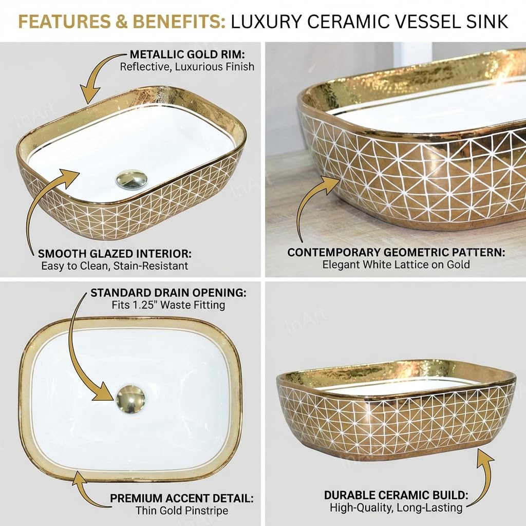 Luxury wash basin in gold colour, ceramic rectangular table top wash basin side angle