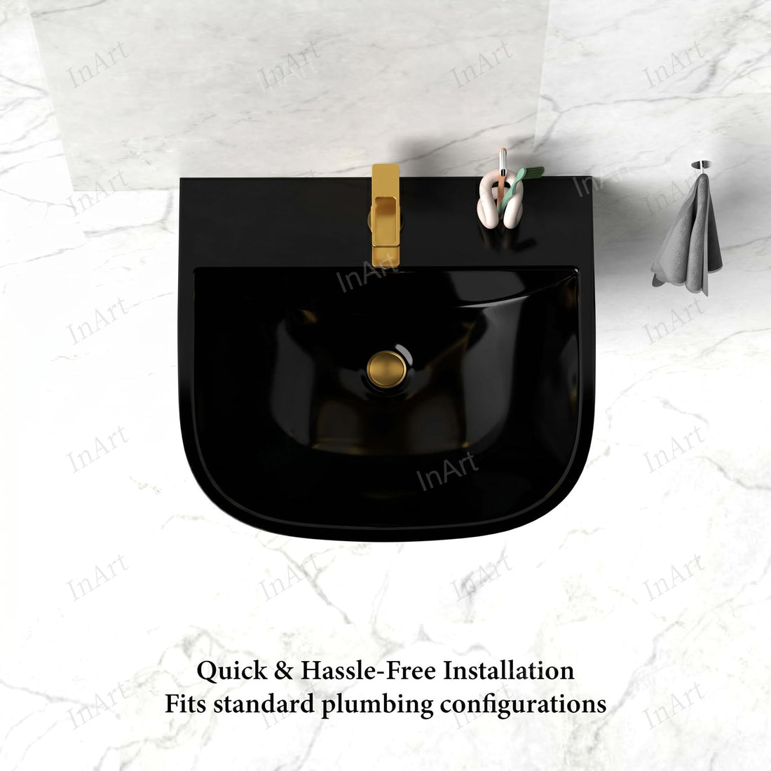 InArt wall mounted wash basin in glossy black ceramic, rectangular slim rim half pedestal, front view