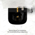 Wall hung wash basin half pedestal in glossy black, rectangular slim rim, three-quarter angle view