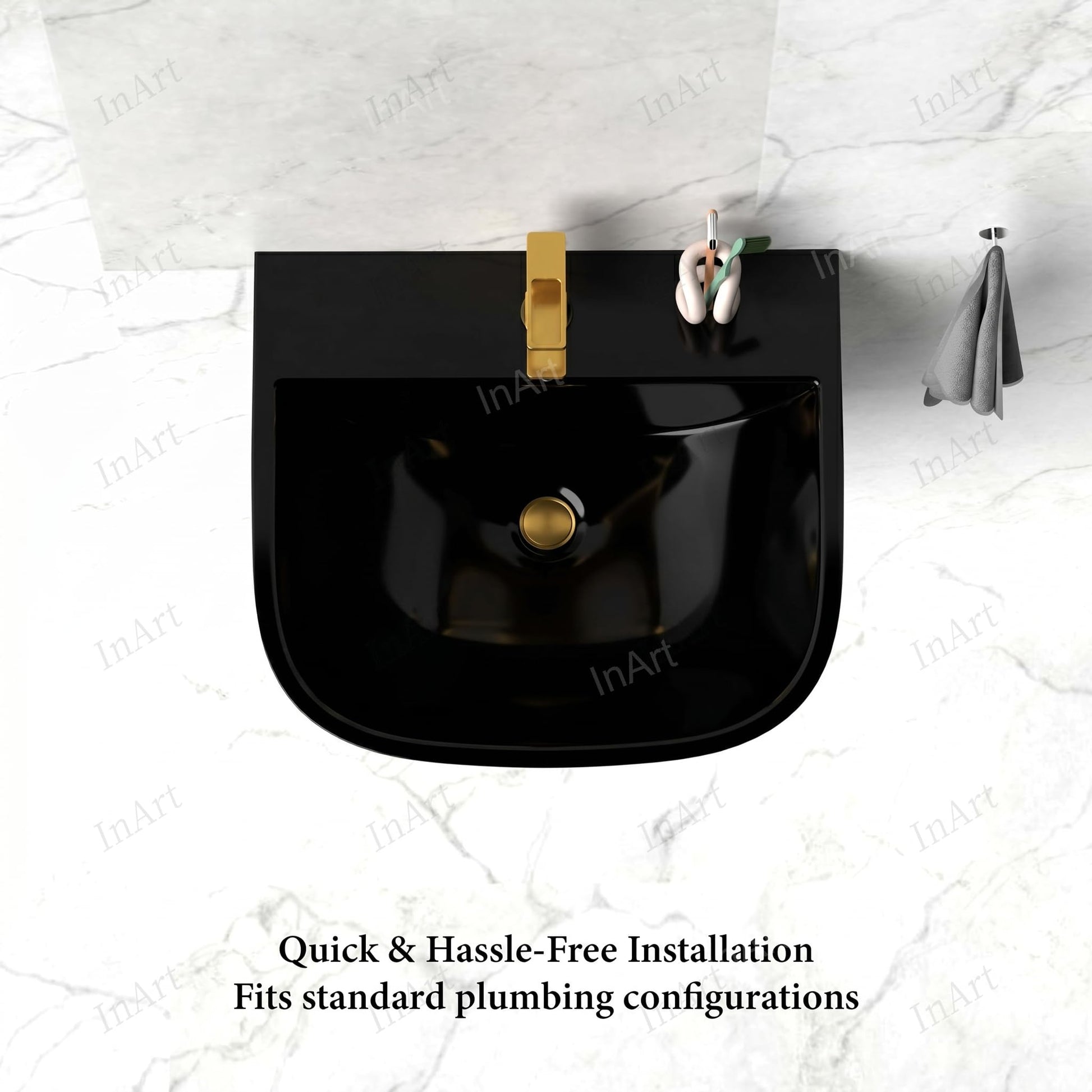 Wall hung wash basin half pedestal in glossy black, rectangular slim rim, three-quarter angle view