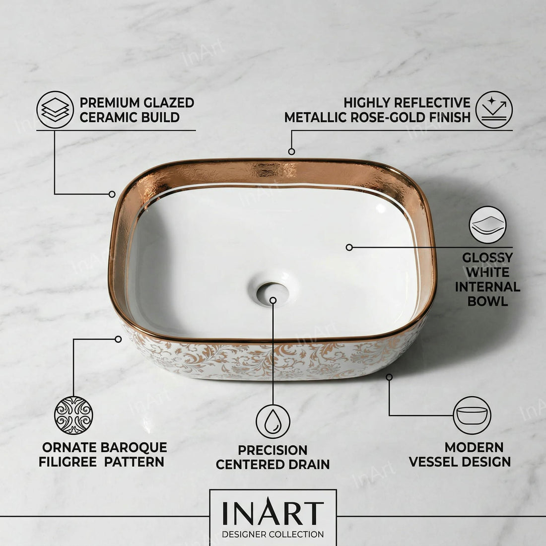 InArt ceramic table top wash basin design, rectangular rose gold finish, front view