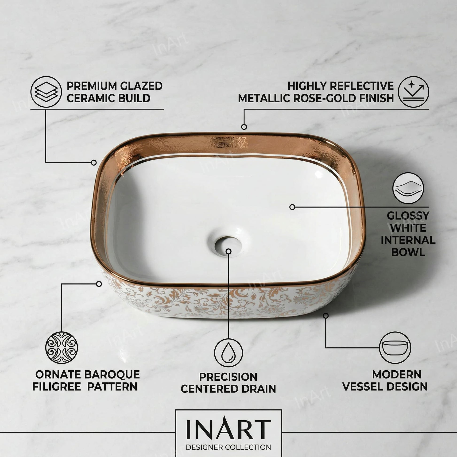 Designer table top basin design in rose gold ceramic, angled view for modern bathroom