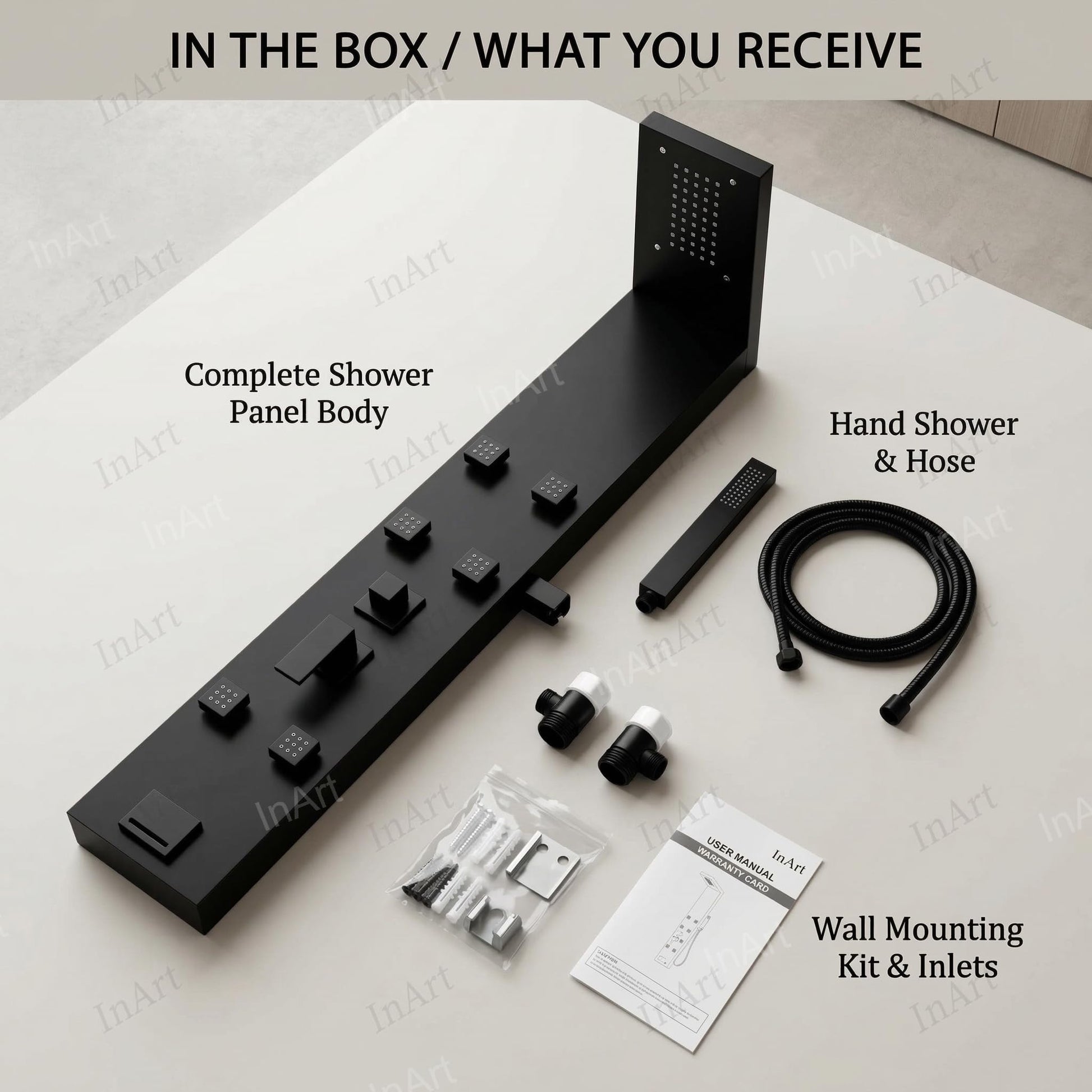 Tub spout outlet on matte black shower panel with mixer hot and cold, premium 304 stainless steel