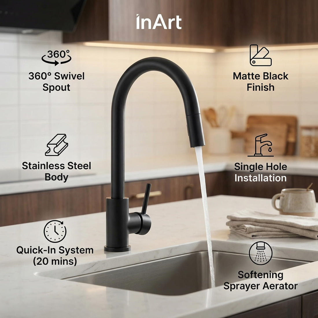 InArt steel tap for kitchen in matte black stainless steel, single lever 360° swivel sink mixer