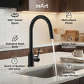 Single lever kitchen sink mixer tap in matte black finish, side angle showing 360° swivel spout