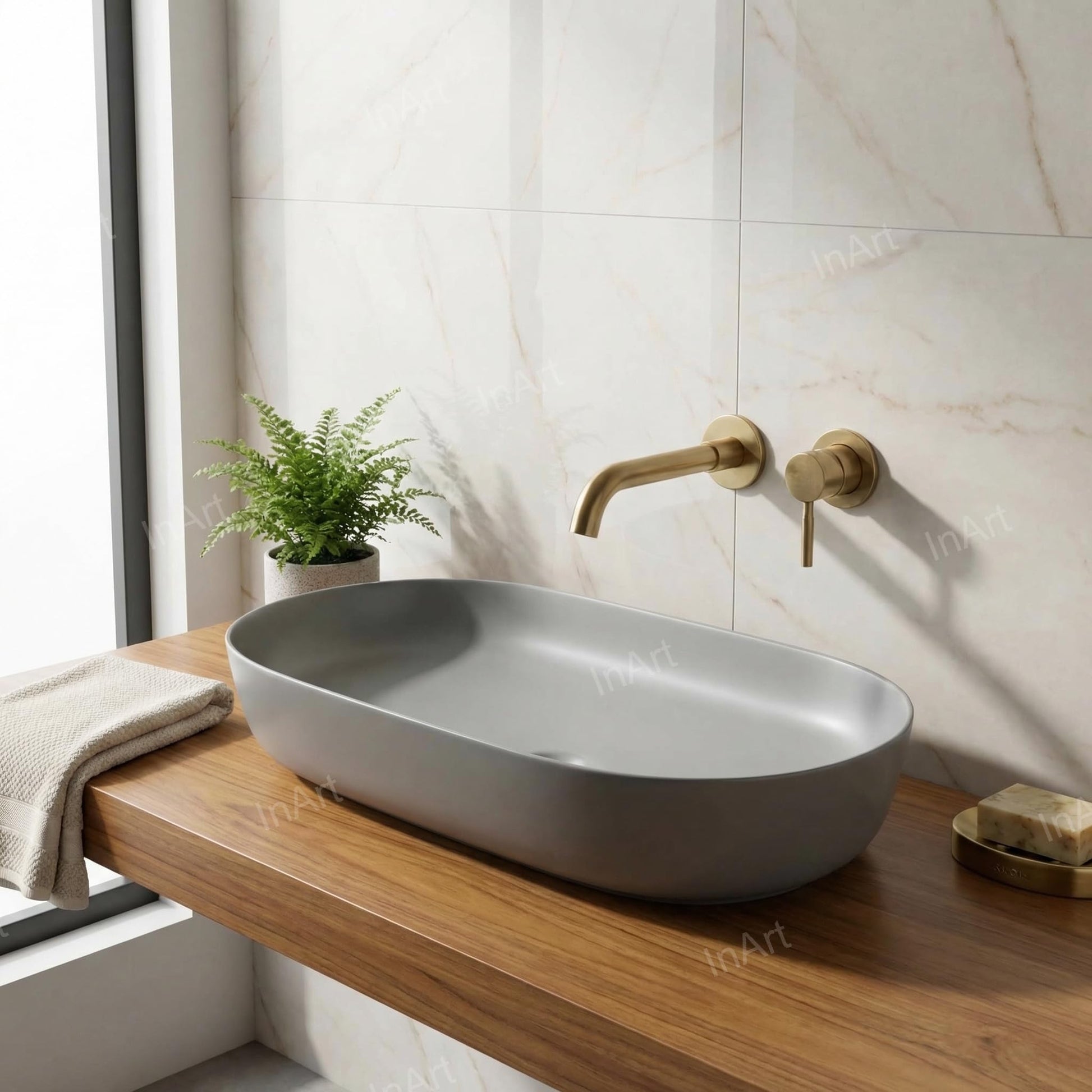 Close-up of InArt premium ceramic tabletop washbasin with smooth matt grey finish and clean edges