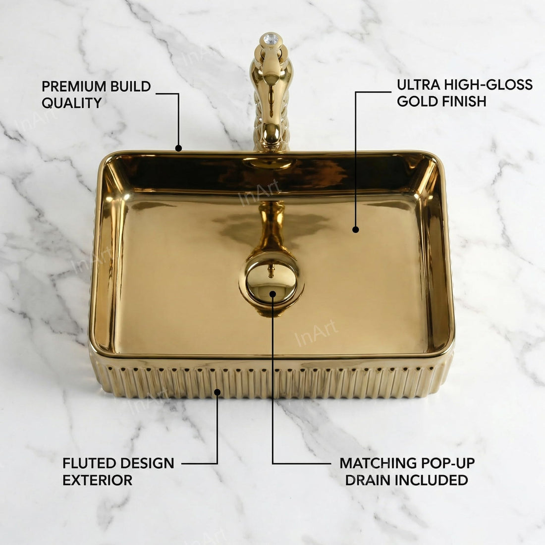 InArt ceramic table top wash basin, rectangular rose gold finish, modern bathroom basin front view