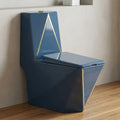InArt single piece western toilet in glossy blue ceramic, elongated one piece EWC with flush tank, front view