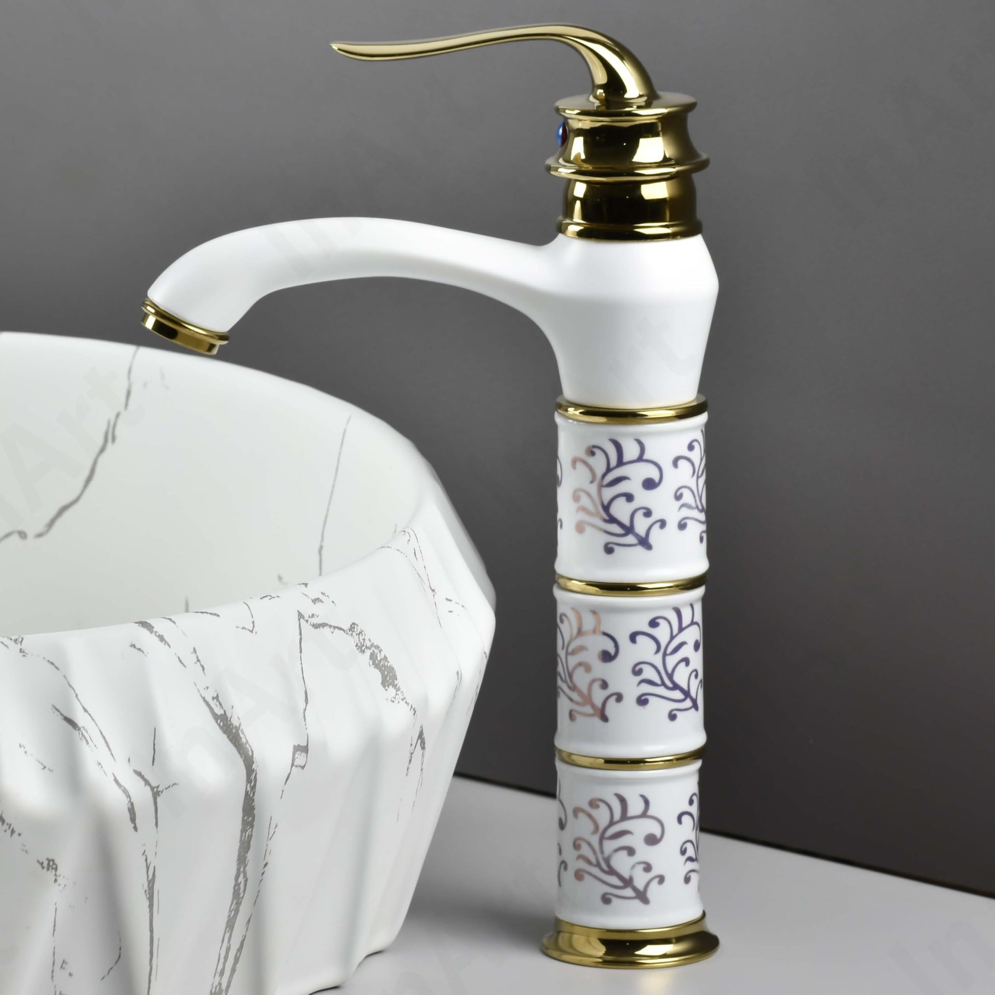 Close-up of ceramic disc cartridge single lever basin mixer tap in antique white gold finish for bathroom wash basin