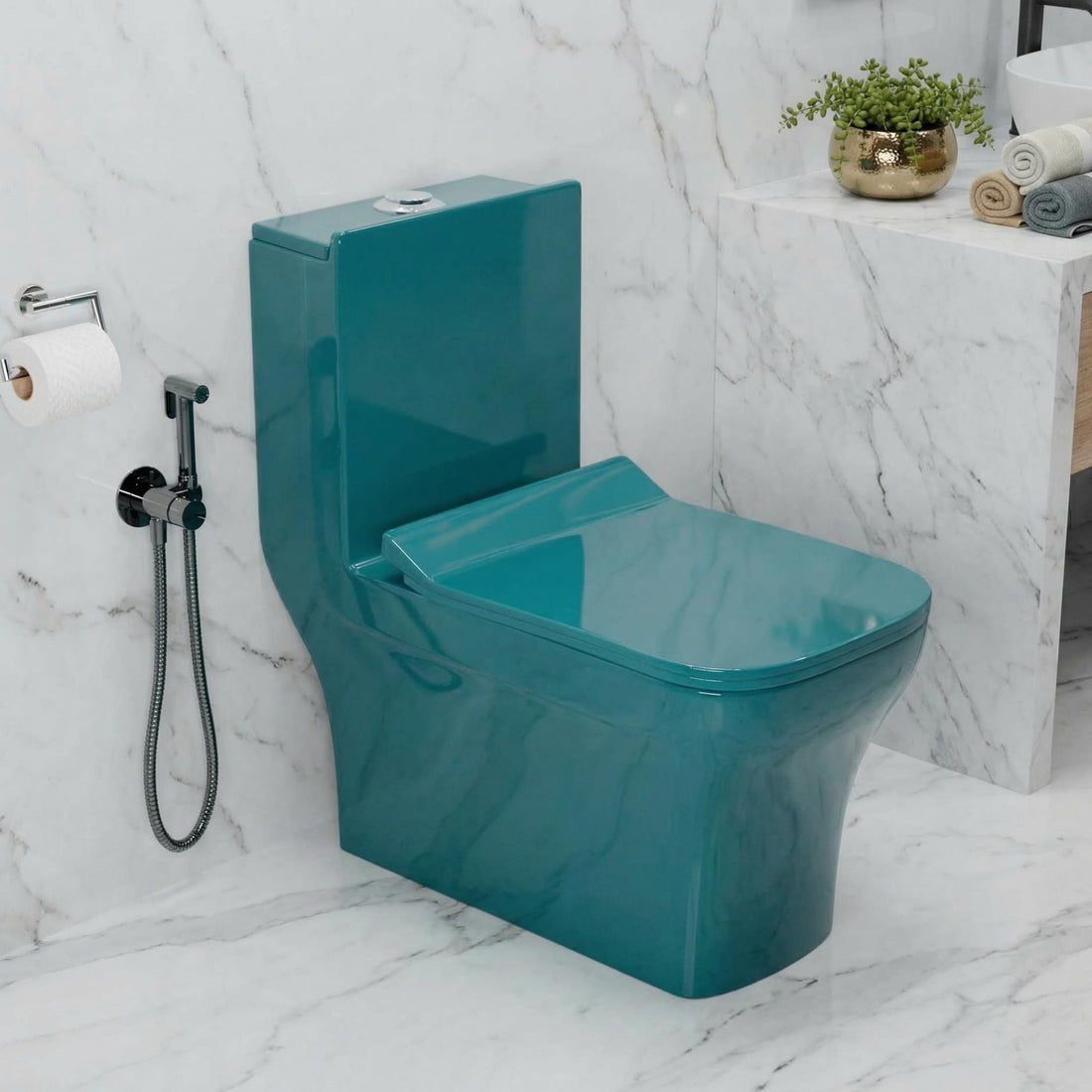 InArt cera single piece commode in green glazed ceramic, one piece western toilet with soft close seat, front view