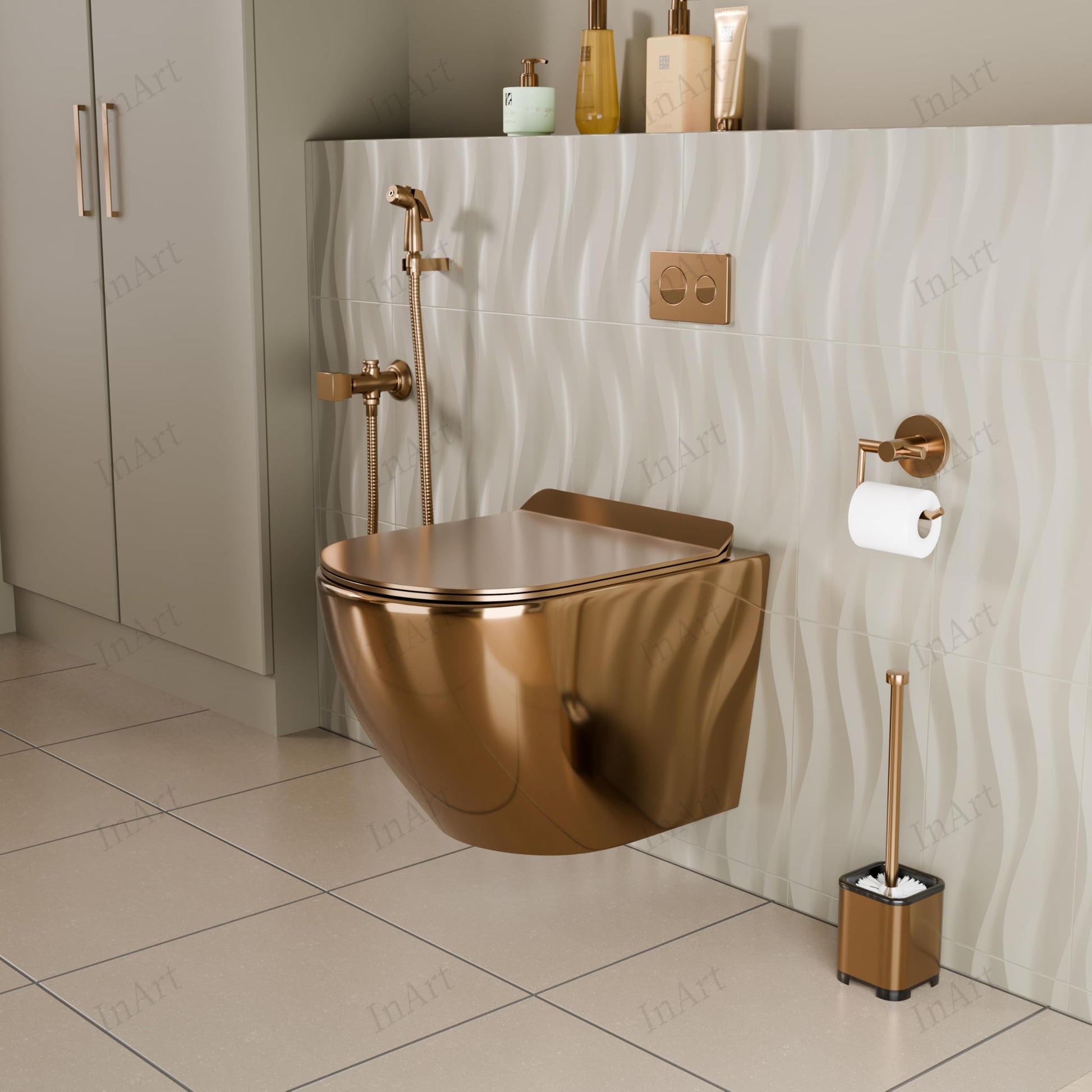Premium sanitaryware for modern washroom: InArt rose gold ceramic oval wall hung rimless toilet installed look