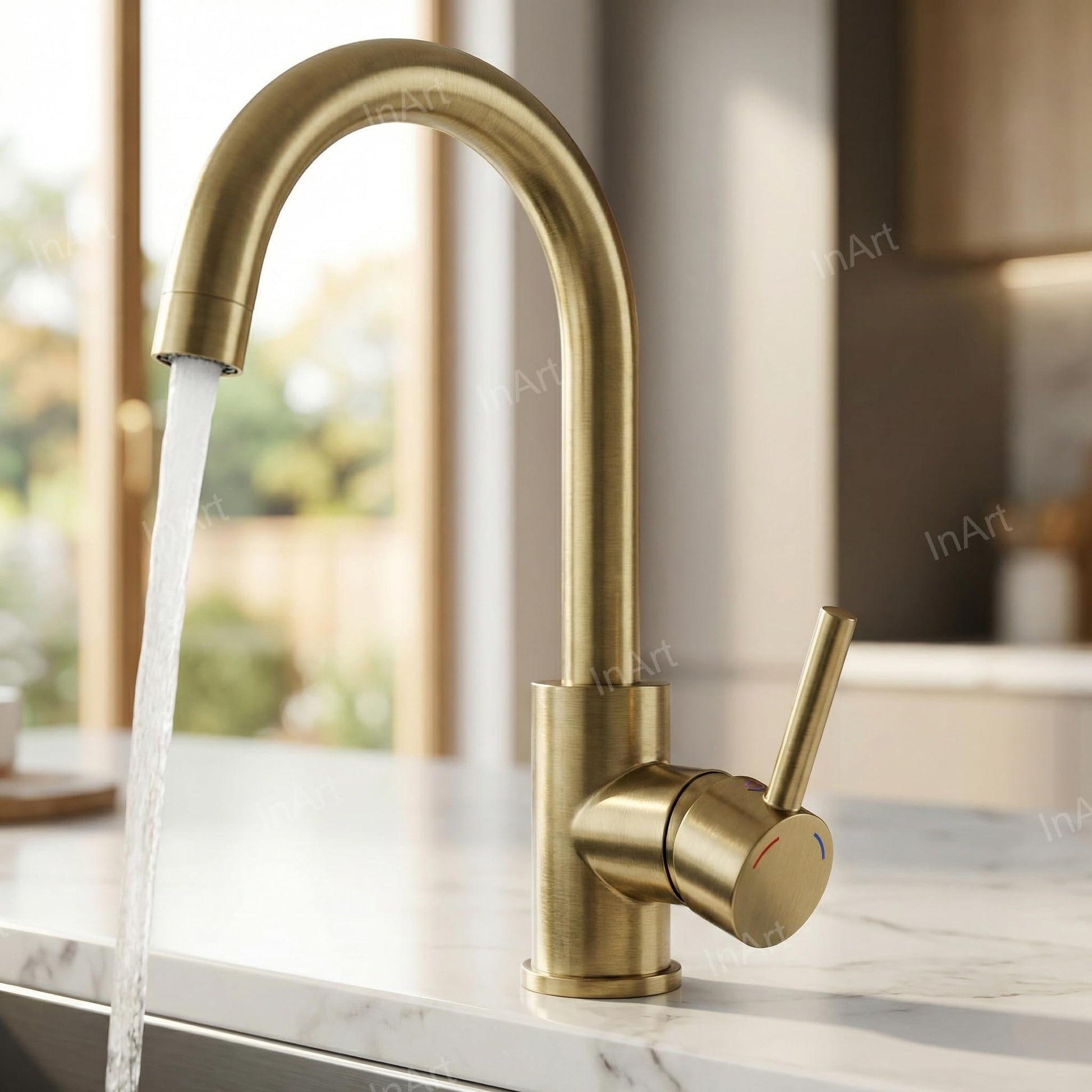Pull down kitchen faucet brushed gold, smooth swivel spout and single lever handle detail shot