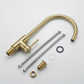 Kitchen sink pull out faucet in brushed gold, water outlet and aerator close-up for splash control
