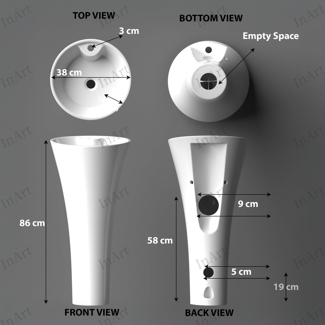InArt modern pedestal wash basin design in glossy white ceramic, round one piece freestanding basin
