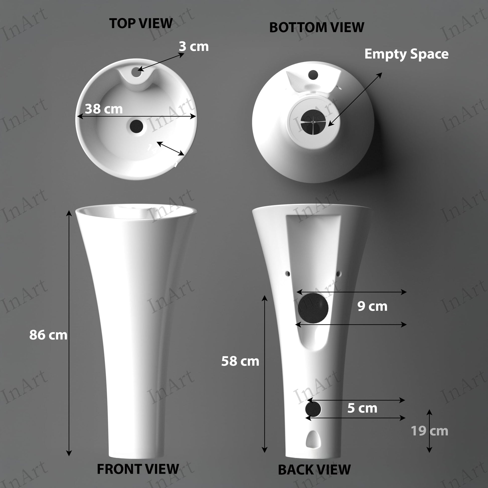 Designer pedestal wash basin in glossy white ceramic, round one piece basin and pedestal, side angle view