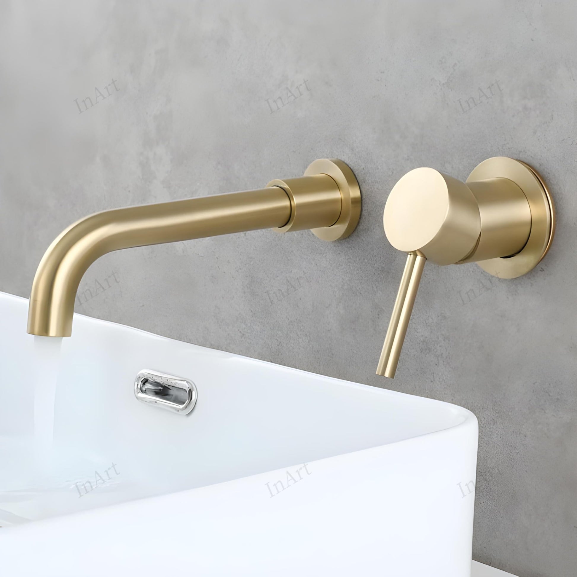 Single lever wall mounted basin mixer tap with smooth waterfall flow, modern washroom basin mixer design