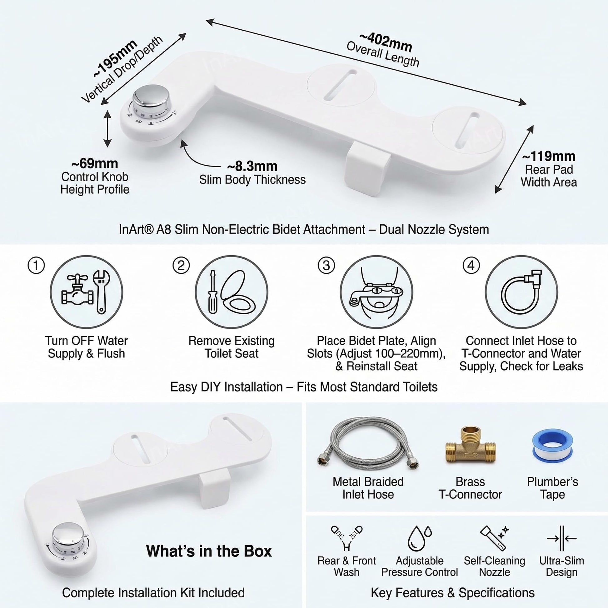 Plastic bidet attachment for Indian bathroom, close view of water pressure knob and selector