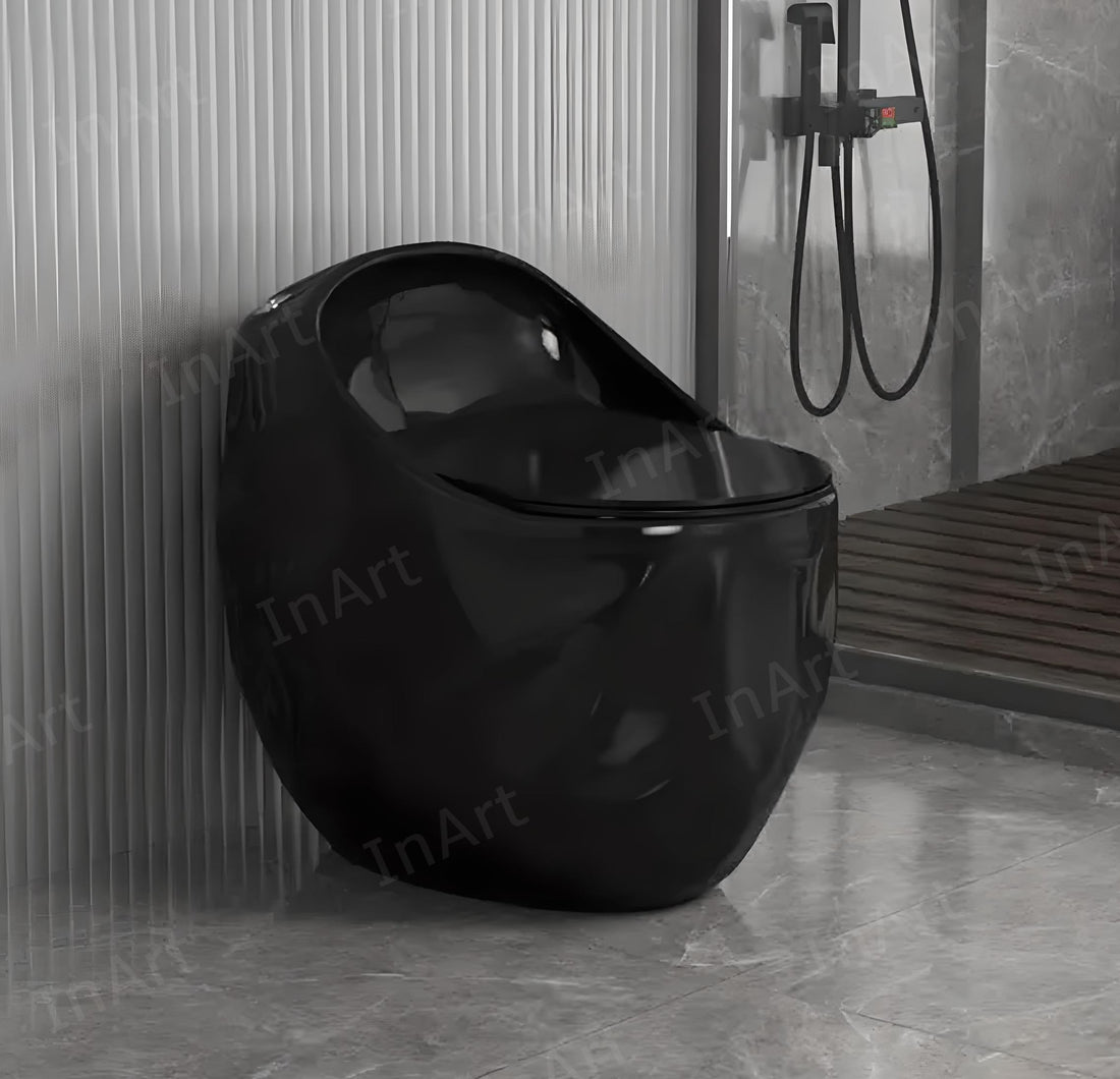 InArt black western toilet commode in glossy ceramic, oval one piece water closet with soft close seat