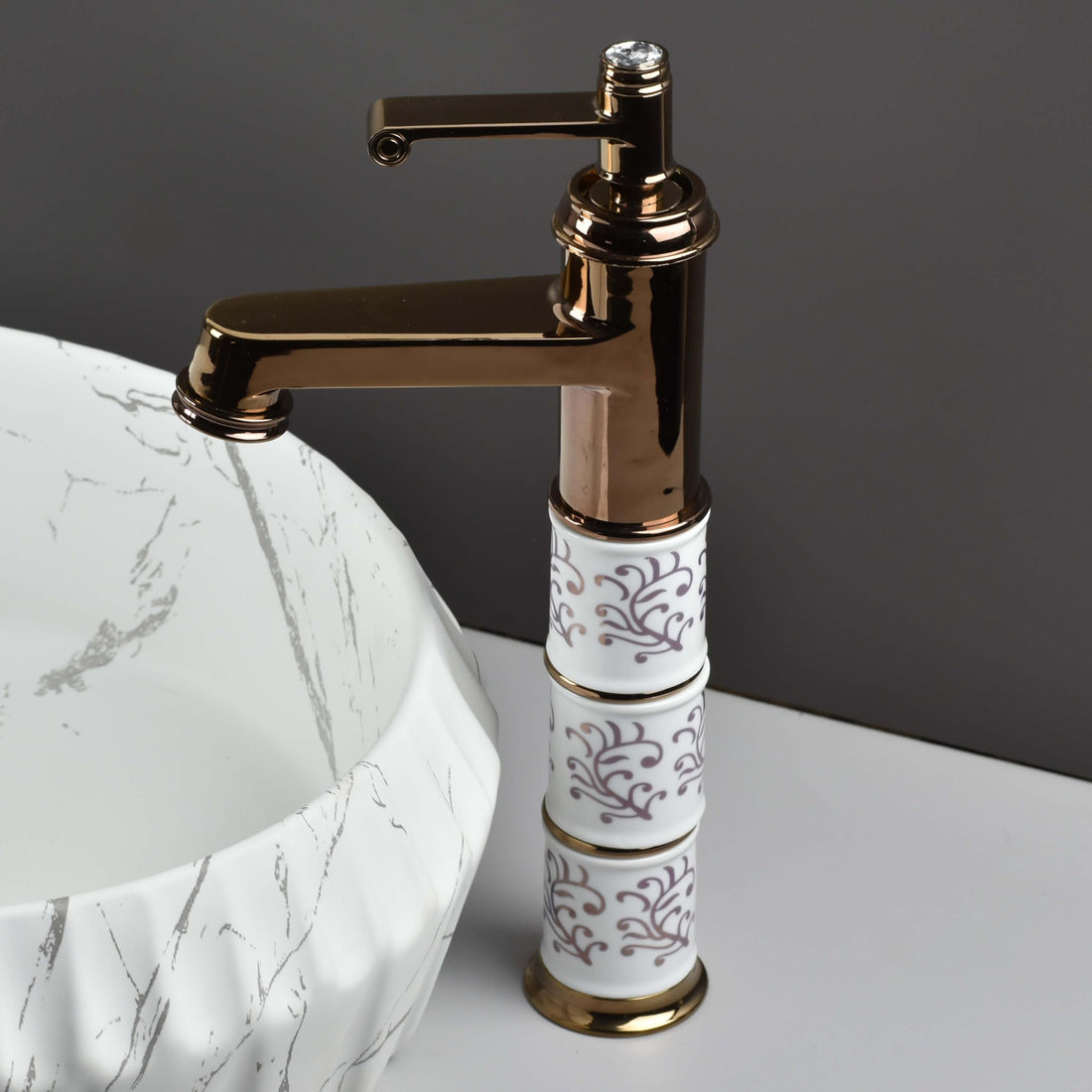 InArt single lever basin mixer tap in rose gold zinc alloy with waterfall spout, hot and cold water