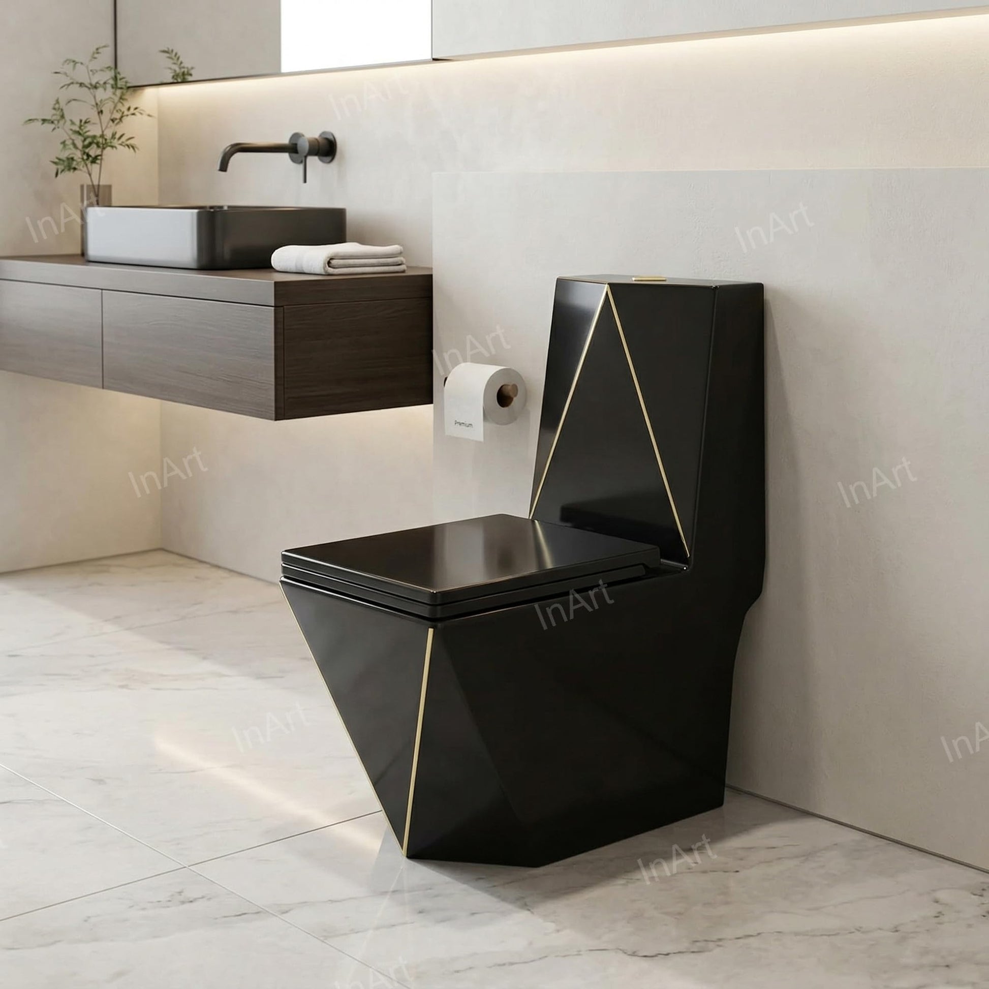 Oval ceramic one piece western toilet in glossy black, floor mounted commode for lavatory and toilets
