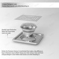 304 grade stainless steel floor drain jali showing removable cover and trap, 5x5 inch square, silver