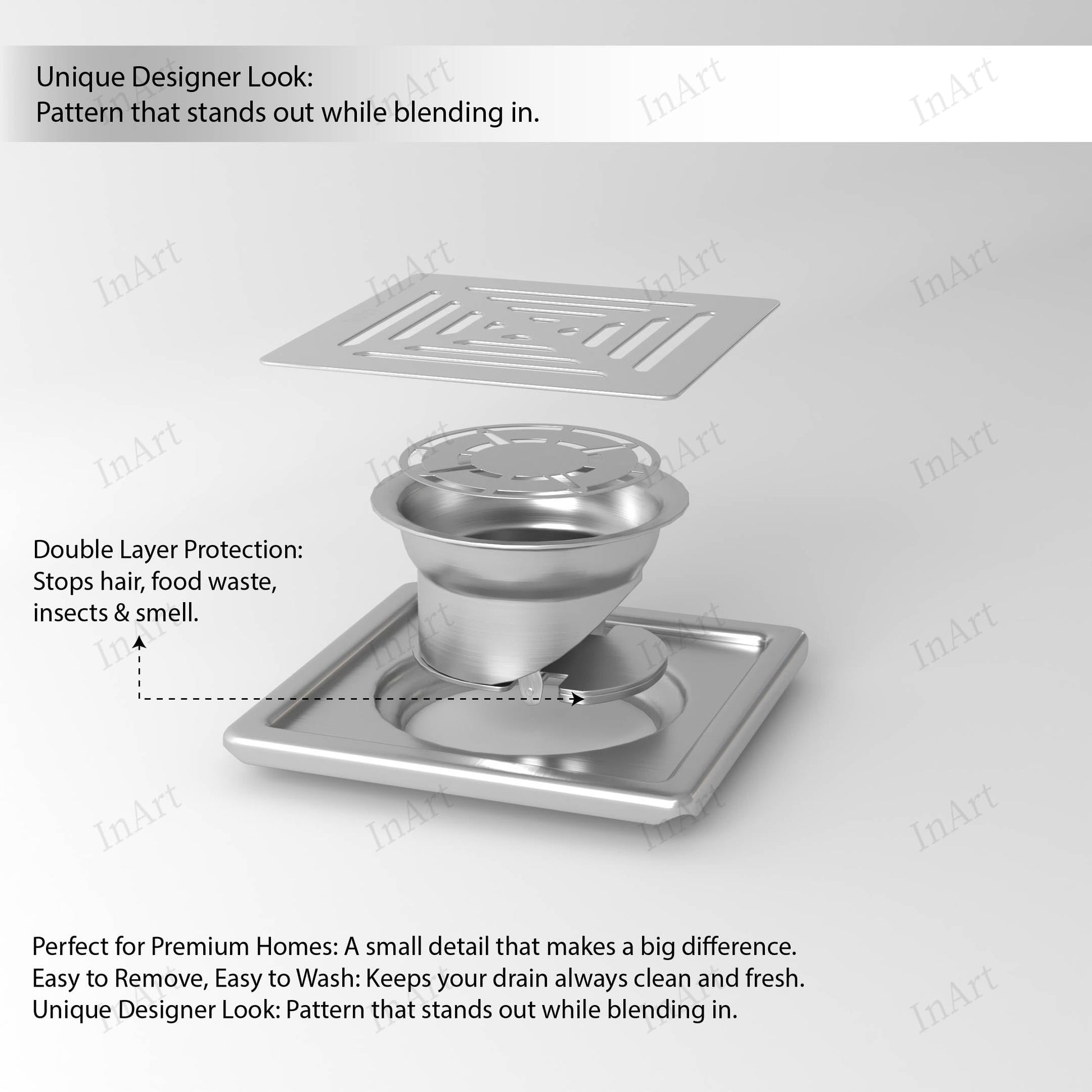 304 grade stainless steel floor drain jali showing removable cover and trap, 5x5 inch square, silver