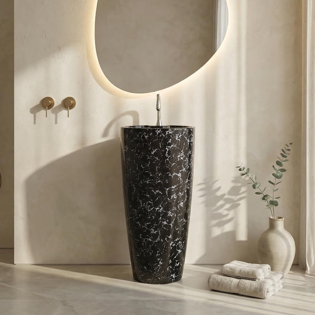 InArt ceramic pedestal wash basin designs in black marble finish, round 38x38 cm, front view