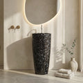 InArt ceramic pedestal wash basin designs in black marble finish, round 38x38 cm, front view
