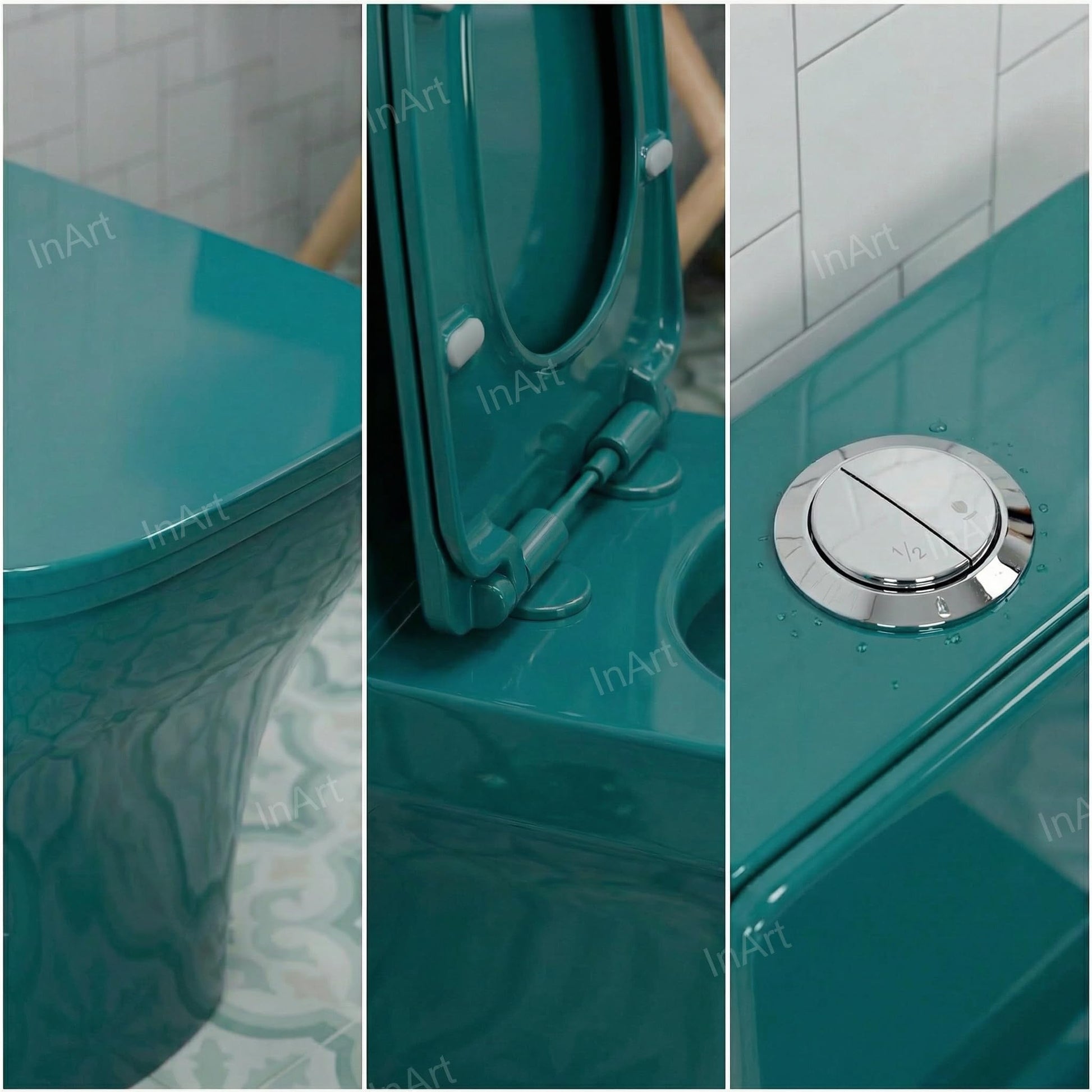InArt ceramic one piece western toilet commode in green, soft close seat lid detail for premium sanitaryware