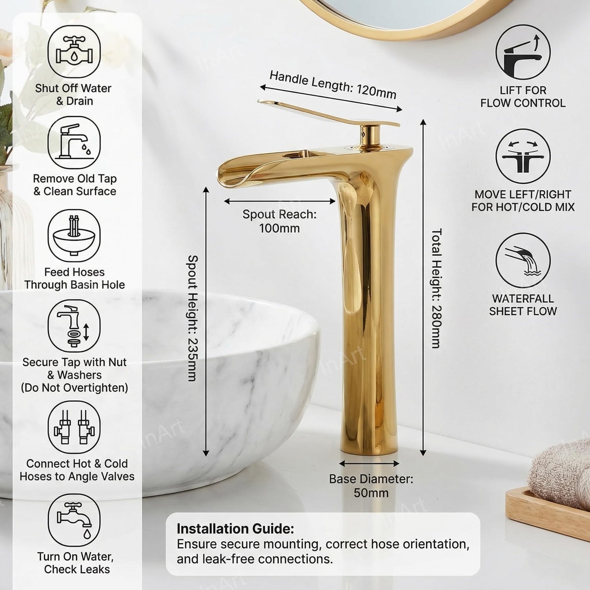 Bathroom sink mixer taps in golden finish, single lever wash basin mixer for Indian washroom setup
