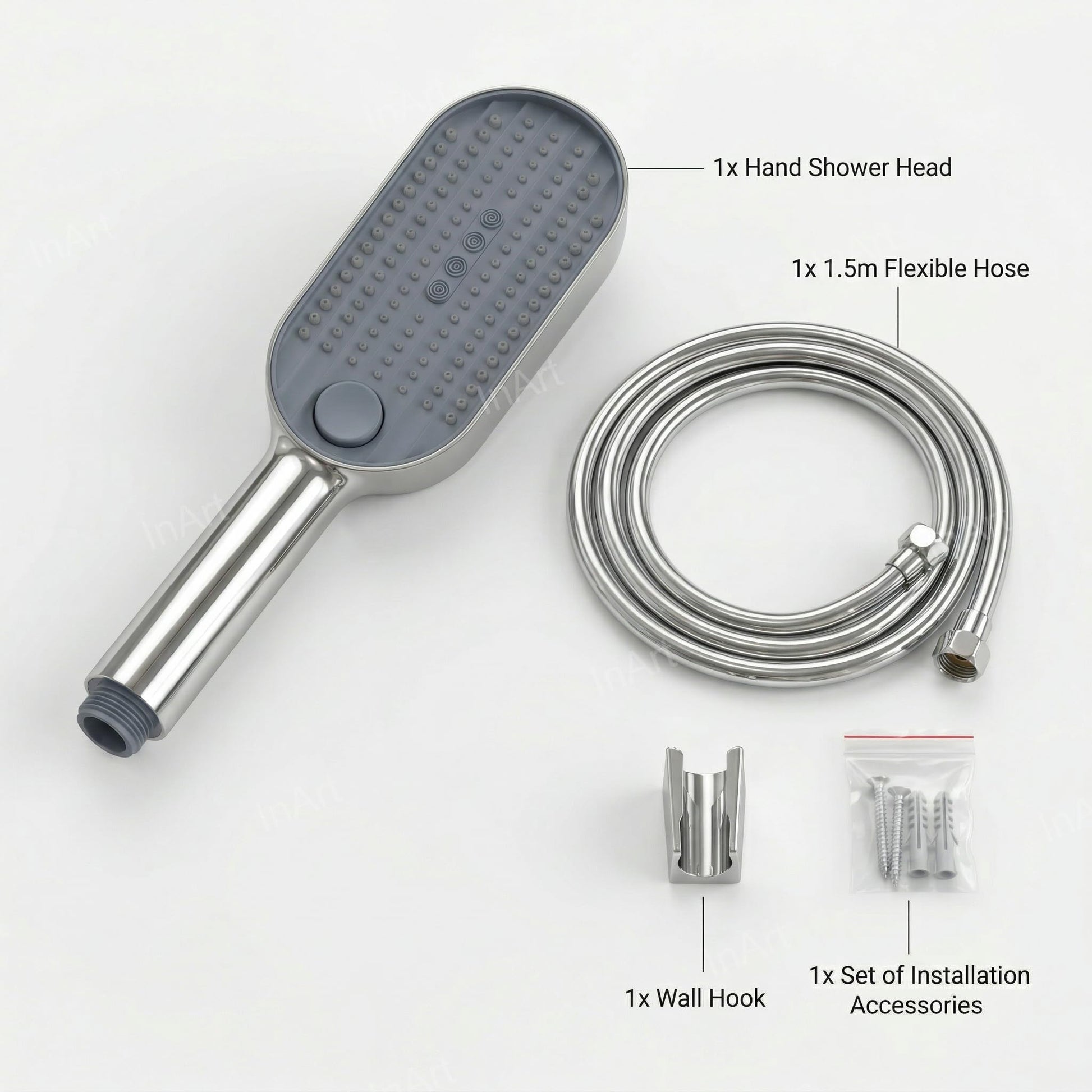 InArt handheld shower head 3 function with wall hook and pipe, ABS chrome round - installed in bathroom