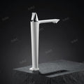 High neck basin mixer tap in white, angled view showing tall body spout and single lever control