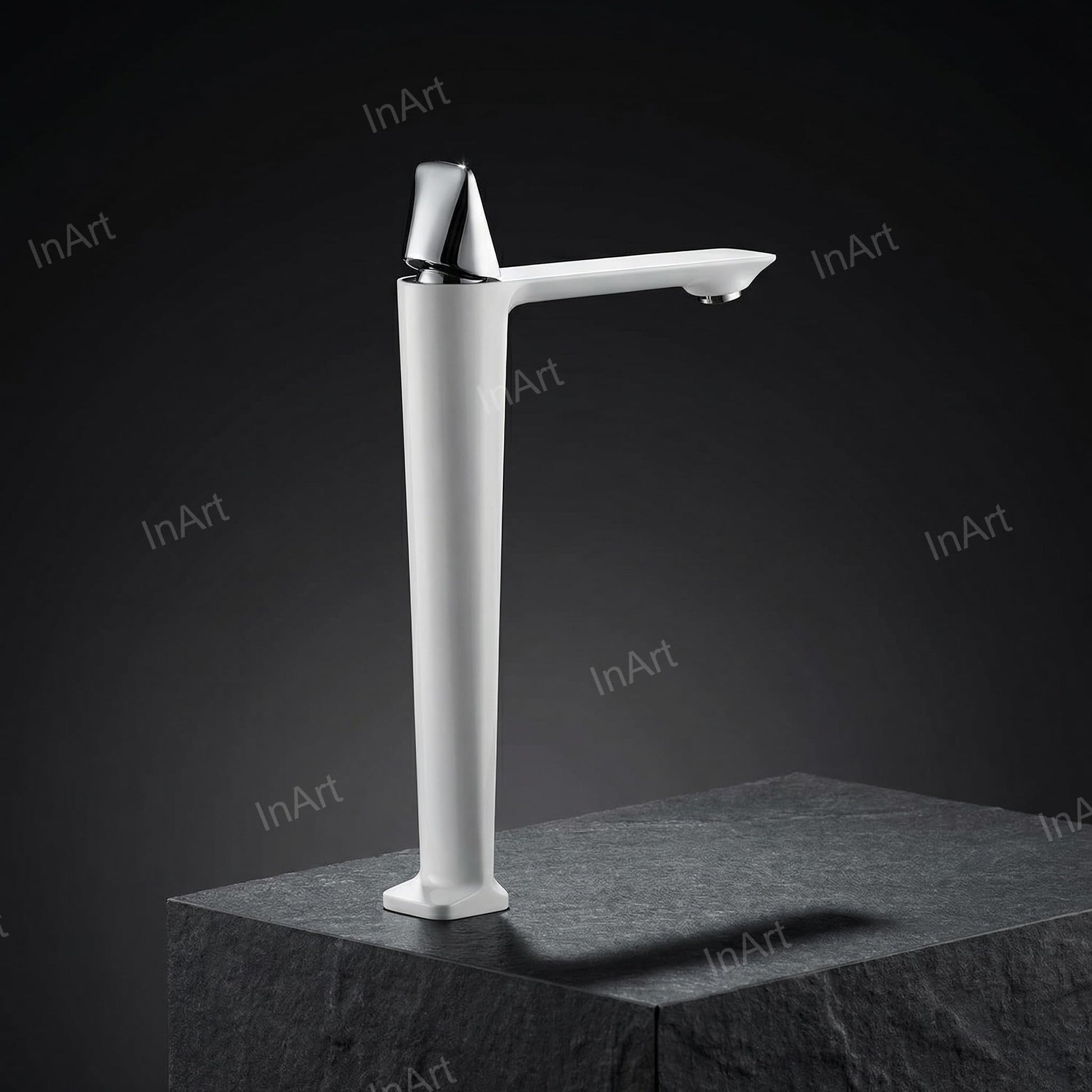 High neck basin mixer tap in white, angled view showing tall body spout and single lever control