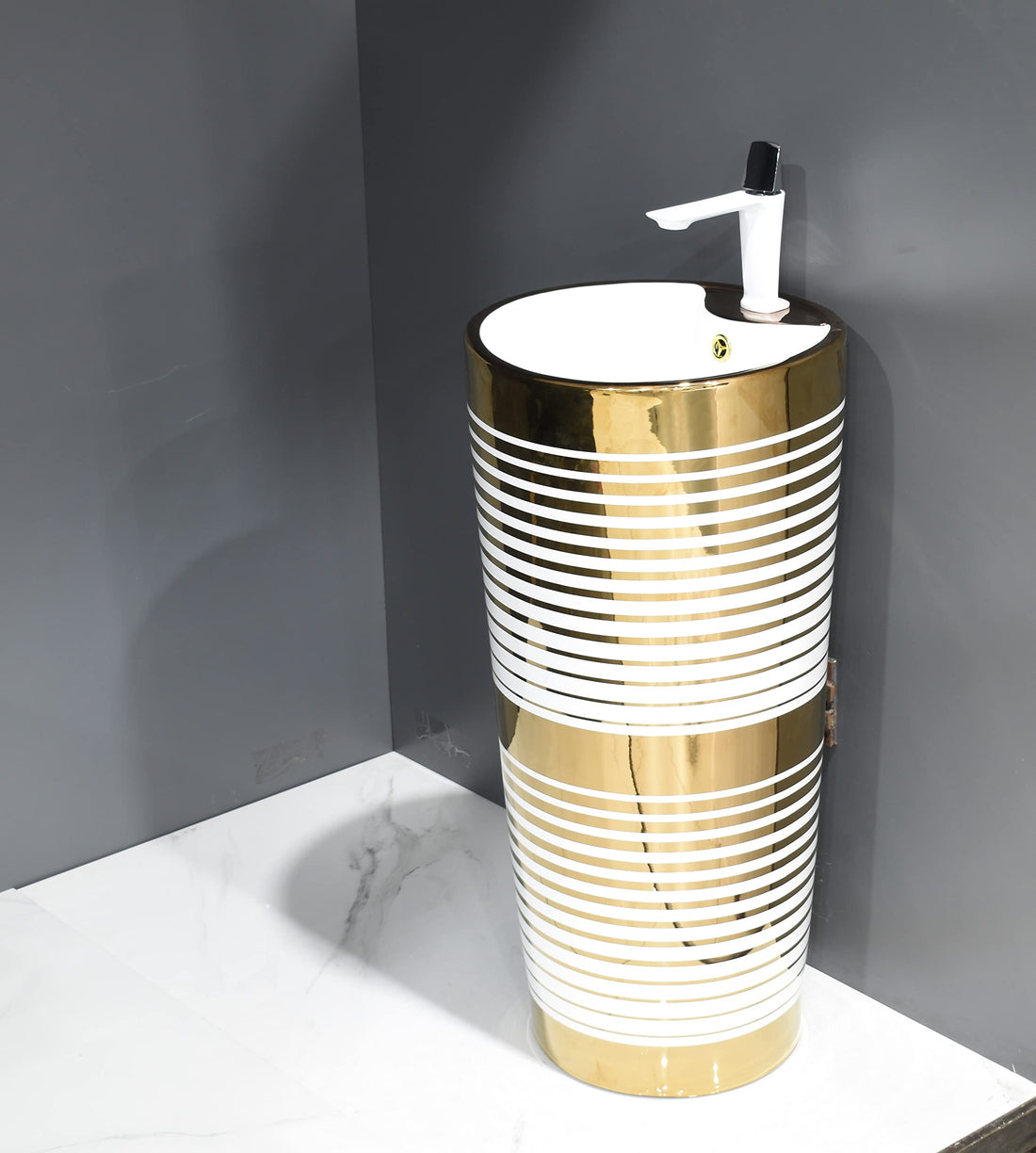 InArt dining hall wash basin cabinet style ceramic round pedestal wash basin in glossy golden finish, front view