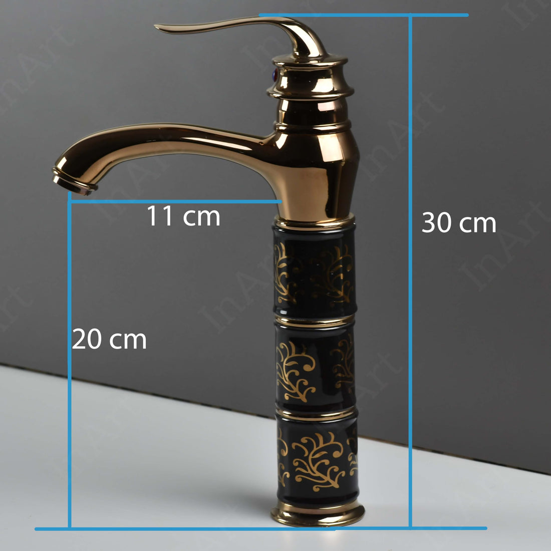 InArt single lever basin mixer tap in zinc alloy with waterfall spout, black rose gold finish, 12 inch
