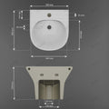 InArt half pedestal wash basin, small modern wash basin design in glossy white ceramic, side angle view