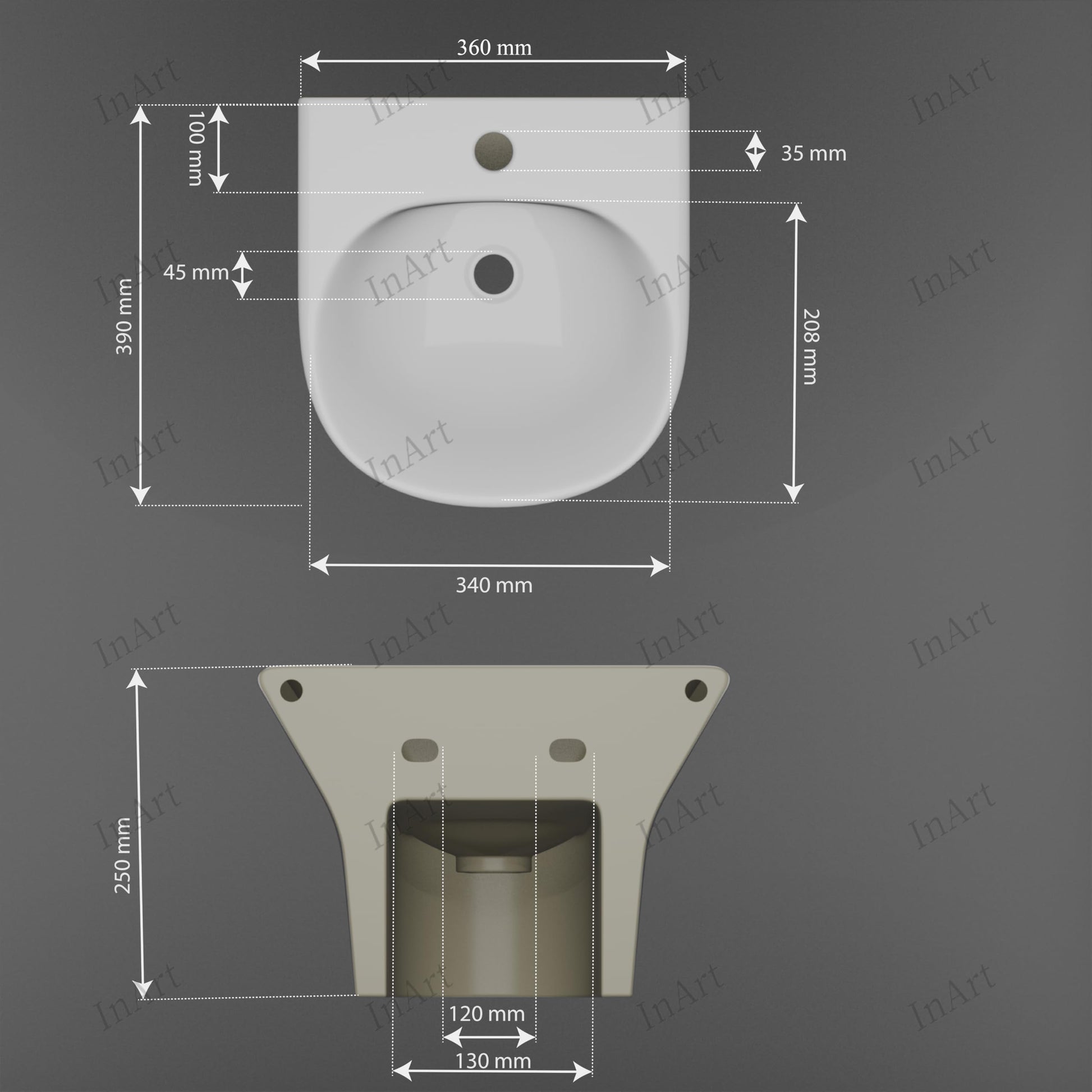 InArt half pedestal wash basin, small modern wash basin design in glossy white ceramic, side angle view