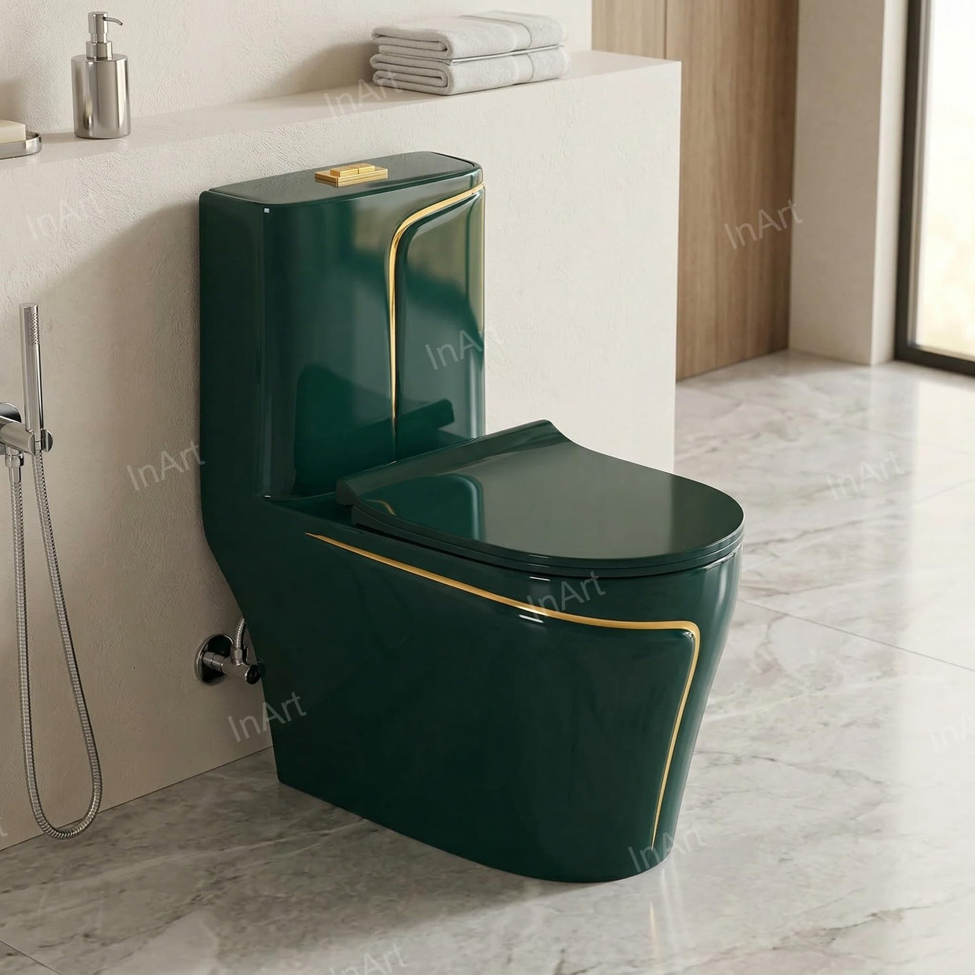 InArt green floor mounted western toilet with dual flush tank, close-up of soft close seat hinge detail