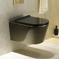 Hindware wall mounted commode style InArt ceramic oval rimless wall hung WC in black and gold, front view