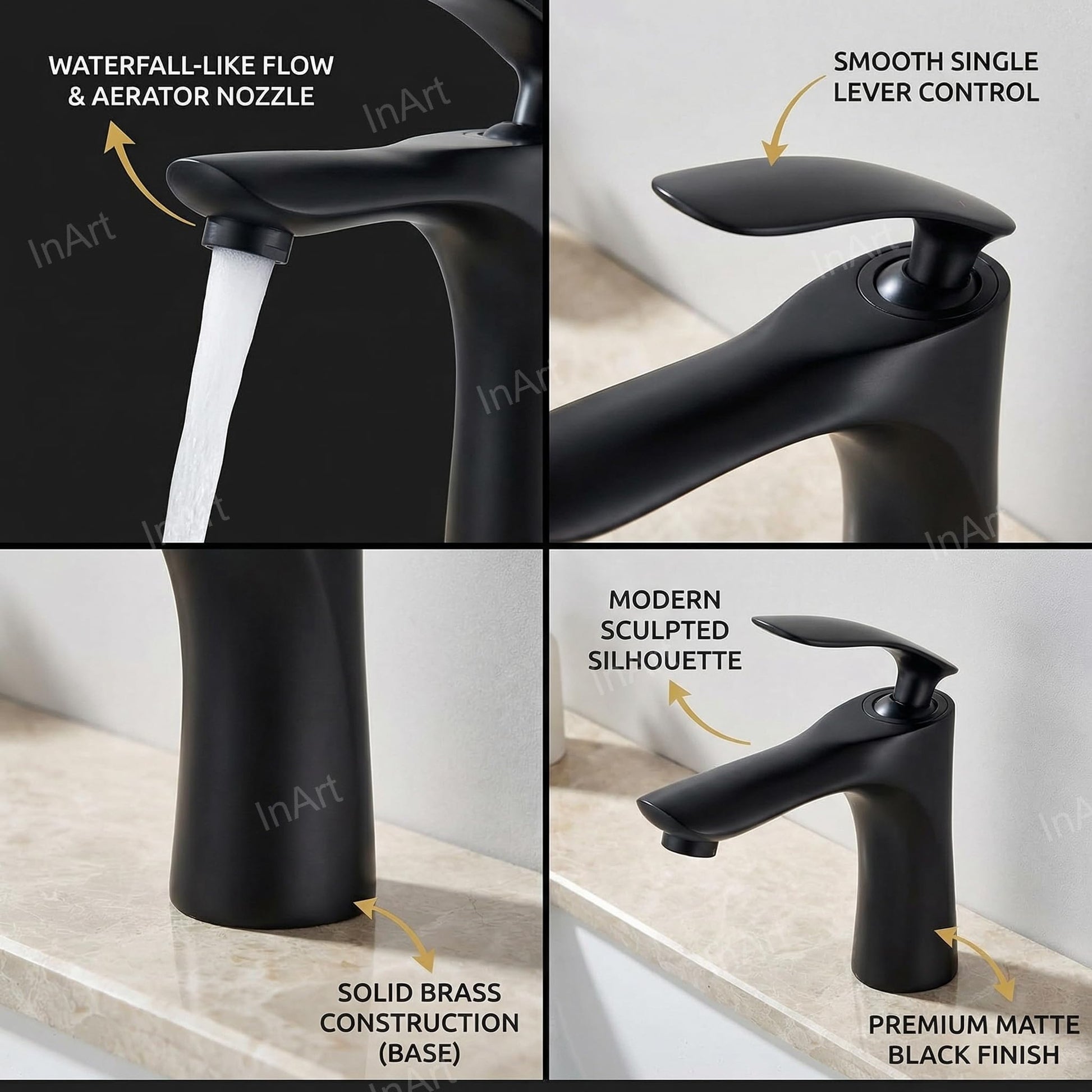 Black tap for wash basin, single lever basin mixer shown at 45 degree angle with sleek spout