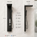 Body massage spray jets on shower panel mixer, close-up of 4 in 1 shower system in black finish
