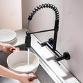 InArt sink tap wall mounted with pull down sprayer and multi-function spray head, 3/4 angle view