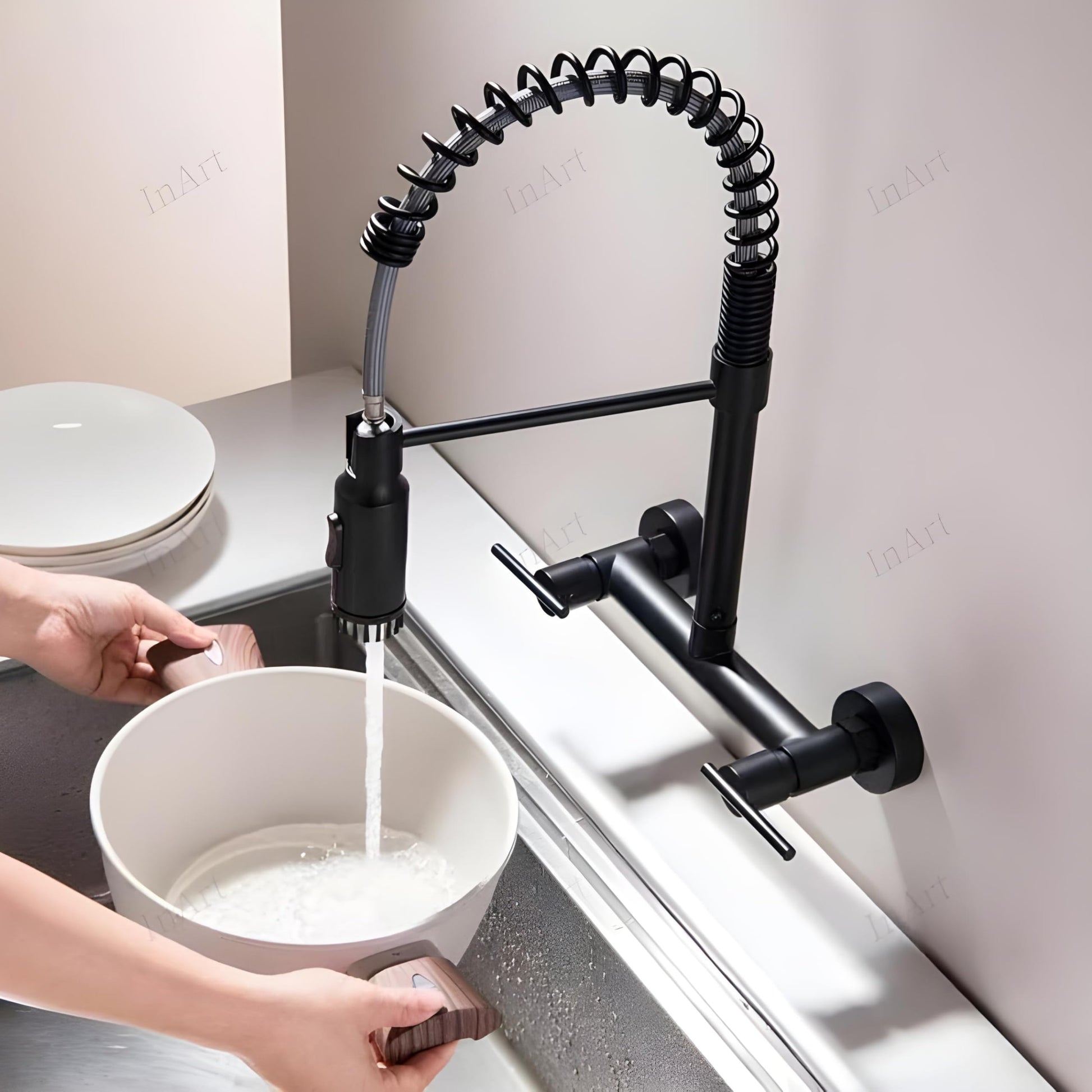 InArt sink tap wall mounted with pull down sprayer and multi-function spray head, 3/4 angle view