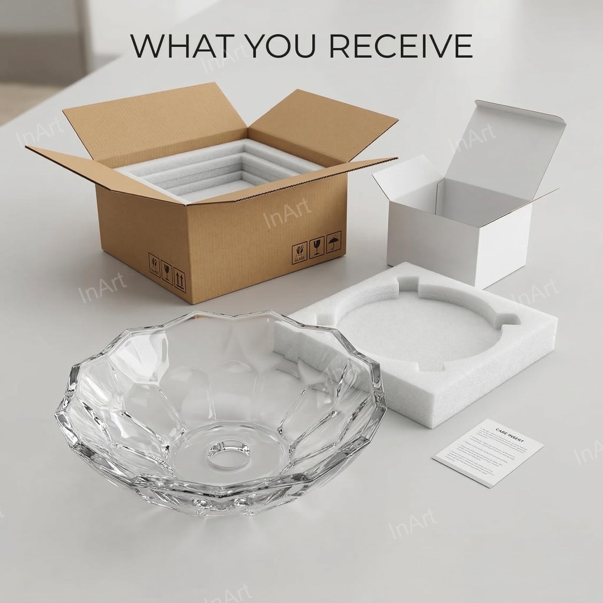 Table top wash basin glass with mirror, PrismCut transparent glass basin styled for bathroom counter