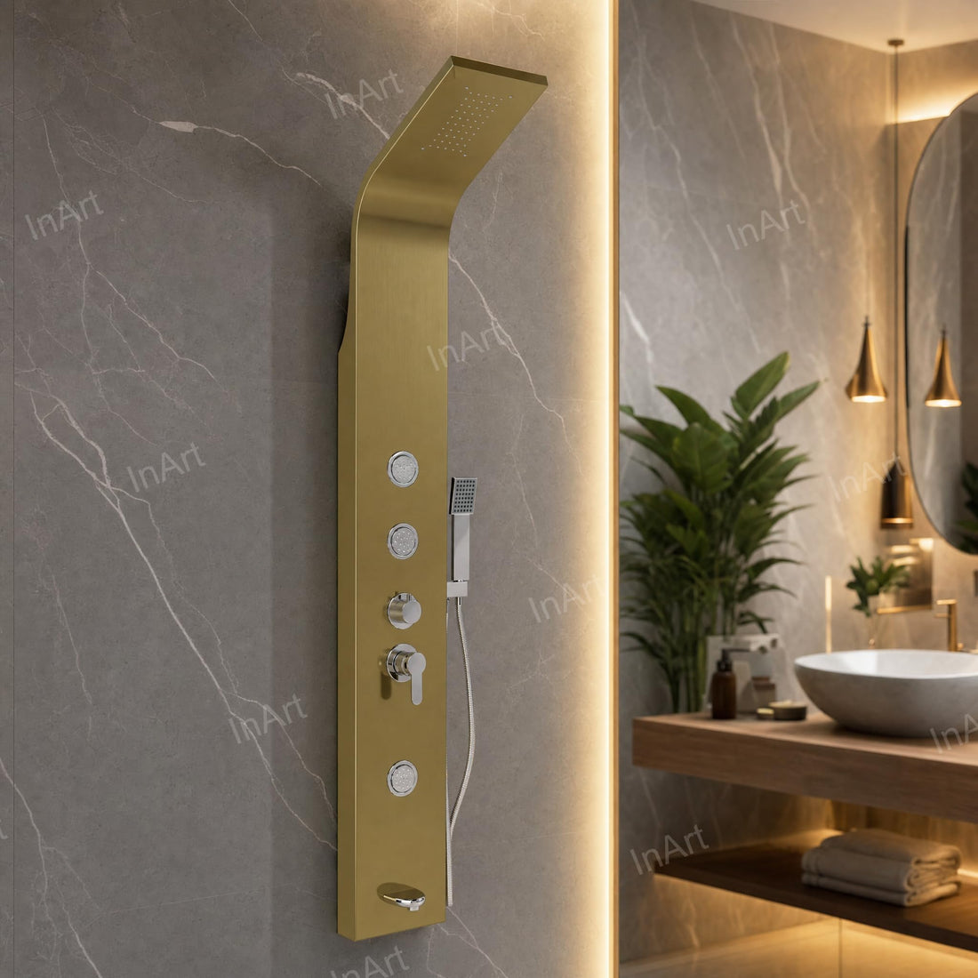 InArt yagatap gold shower tower panel in 304 stainless steel, rectangular 6-in-1 luxury bathroom set