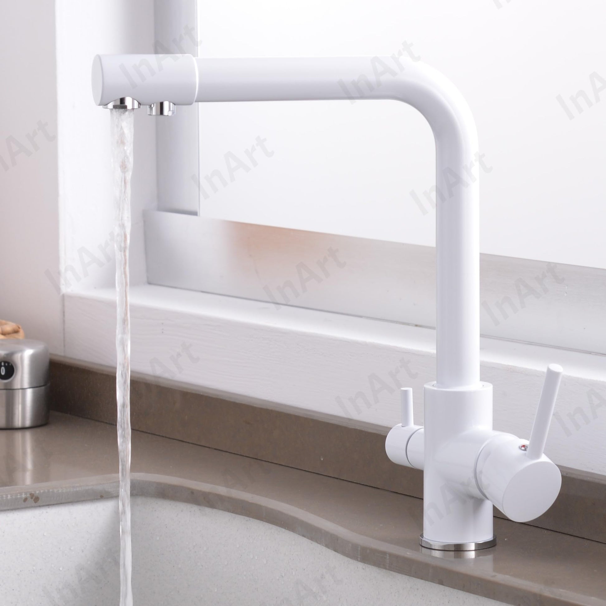 Detail of InArt brass kitchen sink tap, white finish and 360° swivel spout for water filter for kitchen sink